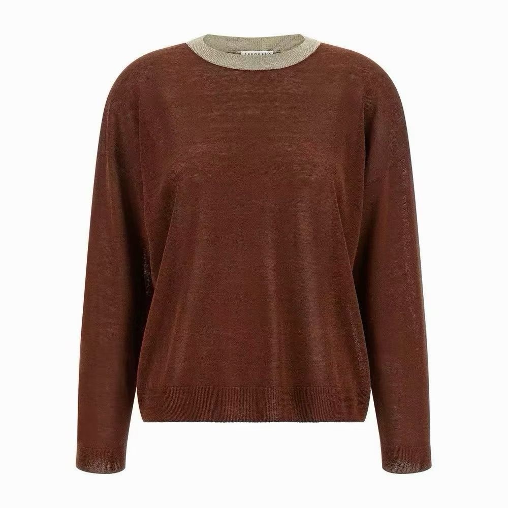 Brunello Cucinelli Brown Crewneck Sweater with Contrast Cream Collar